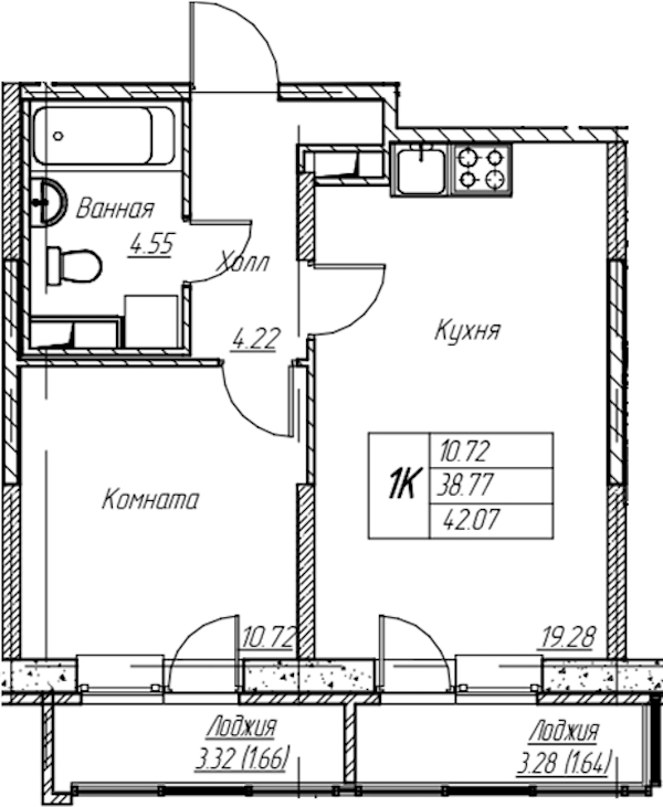 1-комнатная квартира 42.07 м², 2/22 эт., ЖК «Парк-квартал Юнтолово»